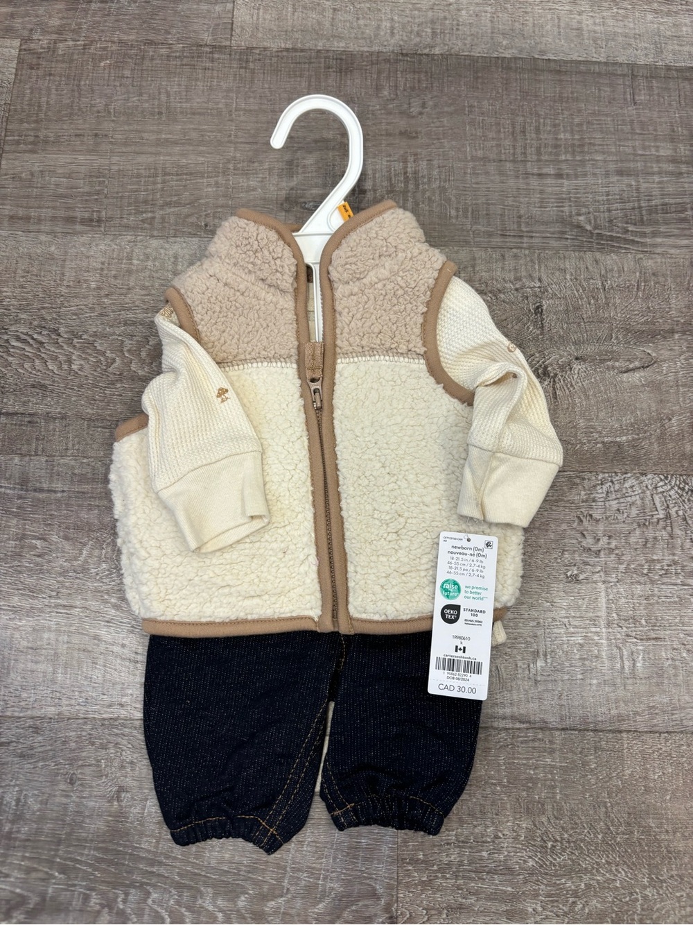 Cream Sherpa Vest & Knit Sleeve Top with Dark Denim Joggers